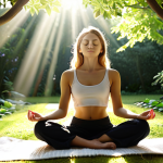 **A serene image of a person sitting in a lotus position, eyes closed, meditating in a peaceful garden. Sunlight filters through the trees, illuminating the individual. Focus on the feeling of inner peace and tranquility.**