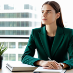A professional businesswoman in a modest, well-tailored business suit, fully clothed, appropriate attire, professional dress. She is seated calmly at a modern, minimalist desk, one hand gently resting on a closed notebook, eyes gazing thoughtfully towards a bright window, conveying deep reflection and mental clarity. The environment is a clean, contemporary office space with soft, natural light filtering in and a few subtle green plants in the background. The atmosphere is serene and conducive to focus. Perfect anatomy, natural pose, correct proportions, well-formed hands, proper finger count, natural body proportions, professional photography, high resolution, detailed, studio lighting, soft shadows, safe for work, appropriate content, modest, family-friendly.
