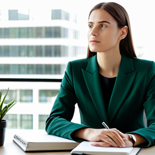 A professional businesswoman in a modest, well-tailored business suit, fully clothed, appropriate attire, professional dress. She is seated calmly at a modern, minimalist desk, one hand gently resting on a closed notebook, eyes gazing thoughtfully towards a bright window, conveying deep reflection and mental clarity. The environment is a clean, contemporary office space with soft, natural light filtering in and a few subtle green plants in the background. The atmosphere is serene and conducive to focus. Perfect anatomy, natural pose, correct proportions, well-formed hands, proper finger count, natural body proportions, professional photography, high resolution, detailed, studio lighting, soft shadows, safe for work, appropriate content, modest, family-friendly.