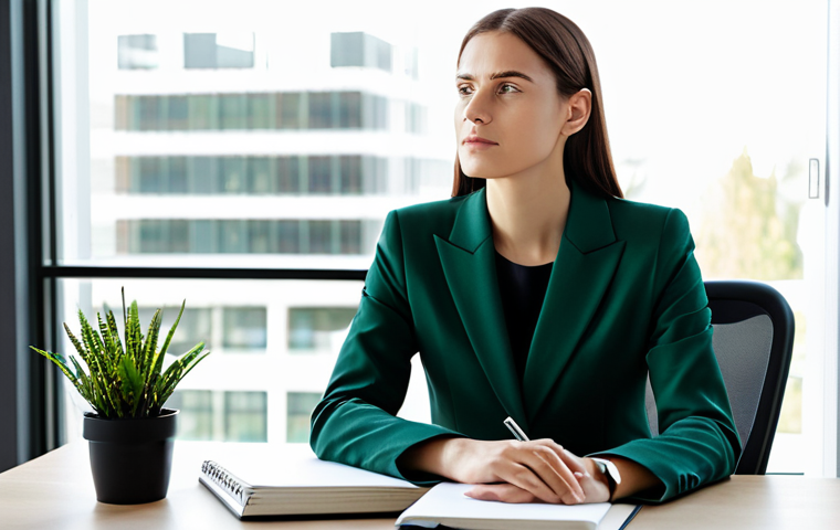 A professional businesswoman in a modest, well-tailored business suit, fully clothed, appropriate attire, professional dress. She is seated calmly at a modern, minimalist desk, one hand gently resting on a closed notebook, eyes gazing thoughtfully towards a bright window, conveying deep reflection and mental clarity. The environment is a clean, contemporary office space with soft, natural light filtering in and a few subtle green plants in the background. The atmosphere is serene and conducive to focus. Perfect anatomy, natural pose, correct proportions, well-formed hands, proper finger count, natural body proportions, professional photography, high resolution, detailed, studio lighting, soft shadows, safe for work, appropriate content, modest, family-friendly.